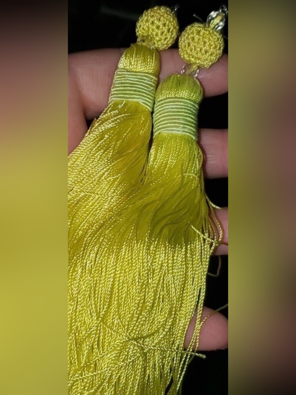 NWOT earrings Long Silk Acid Yellow Tassels, Crocheted ball. Pierced, hook.